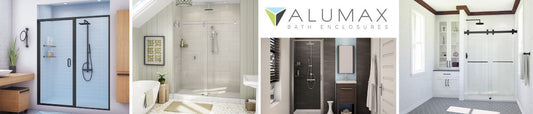 Alumax Bath Enclosures product showcase featuring four different shower door styles in various bathroom settings, highlighting framed, semi-frameless, and frameless designs.